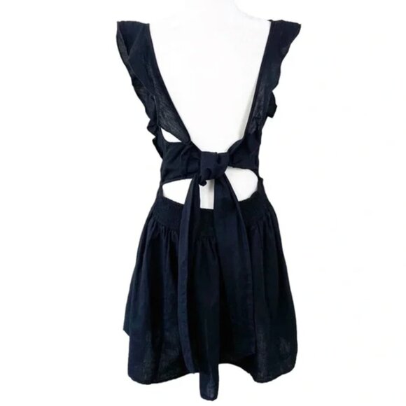 Free People Erin Linen Mini Dress Black Large Ruffle Back Bow Boho Cottagecore - Picture 15 of 16
